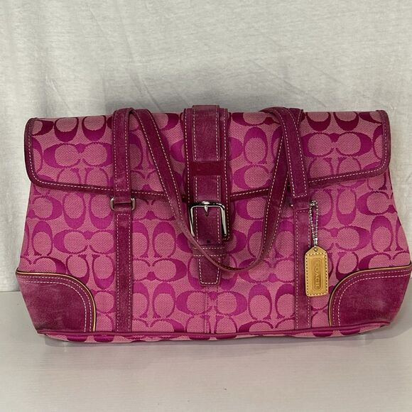 Vintage Coach Hampton handle bag Bright Pink Signature C Bag Pink Leather Y2K - Picture 1 of 12